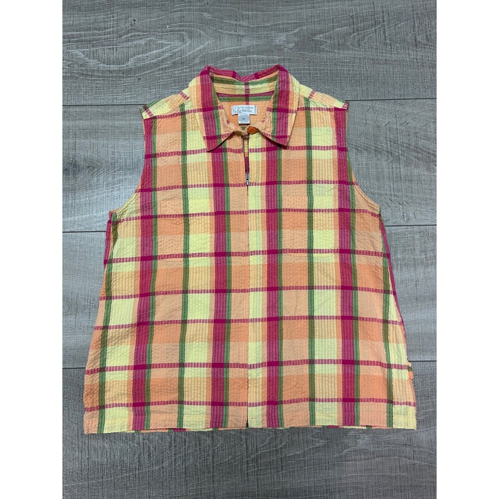 Y2K Pastel Plaid Zip Front Sleeveless Seersucker Top Vest XL